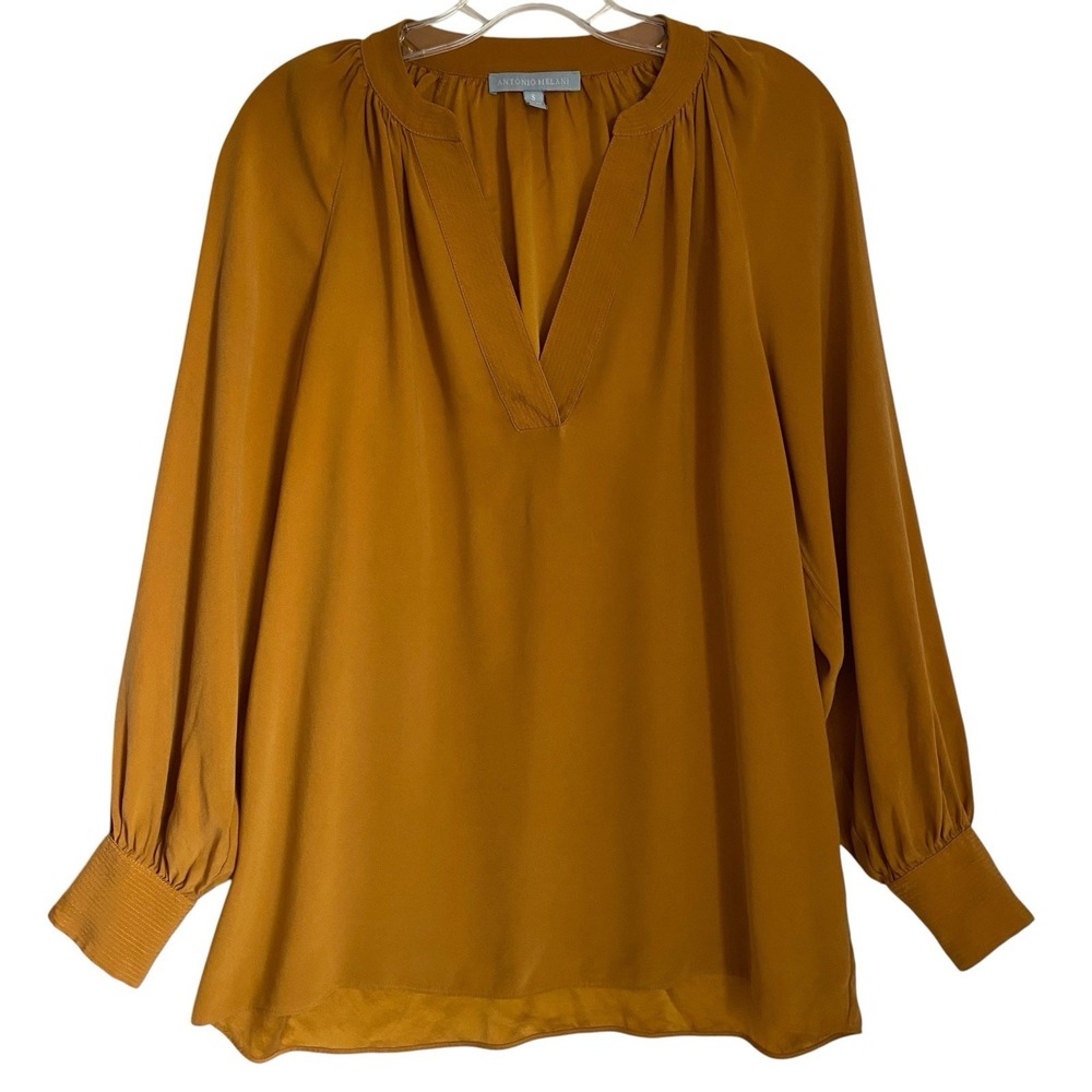Antonio Melani Silk Blouse Size S Mustard Yellow  V-Neck Classic Feminine Office
